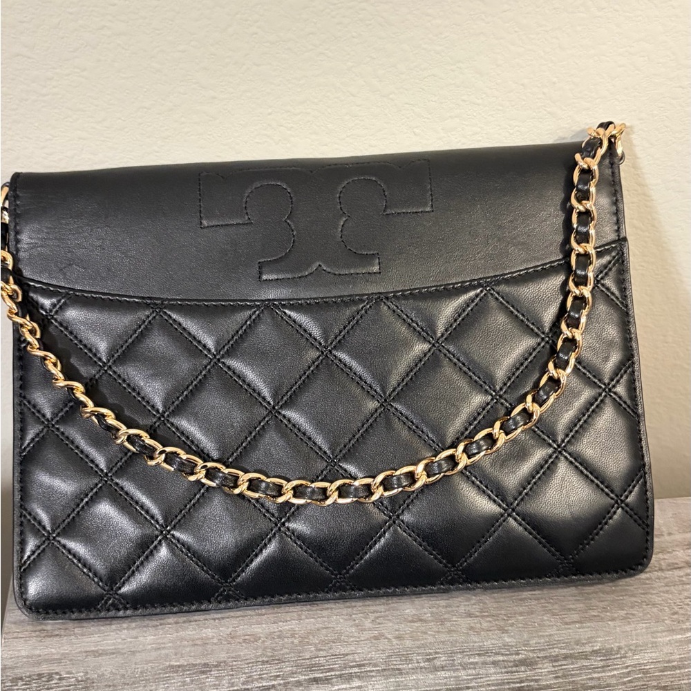 Tory Burch Black Quilted Leather Clutch with Gold Chain